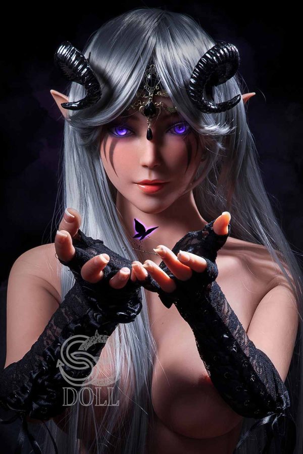 Silicone fantasy doll with horns, purple eyes, and gothic lingerie, dark themed cosplay with mystical accessories.