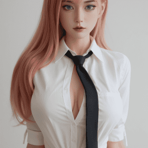 Silicone sex doll with realistic features and pink hair, dressed in a white shirt and black tie.