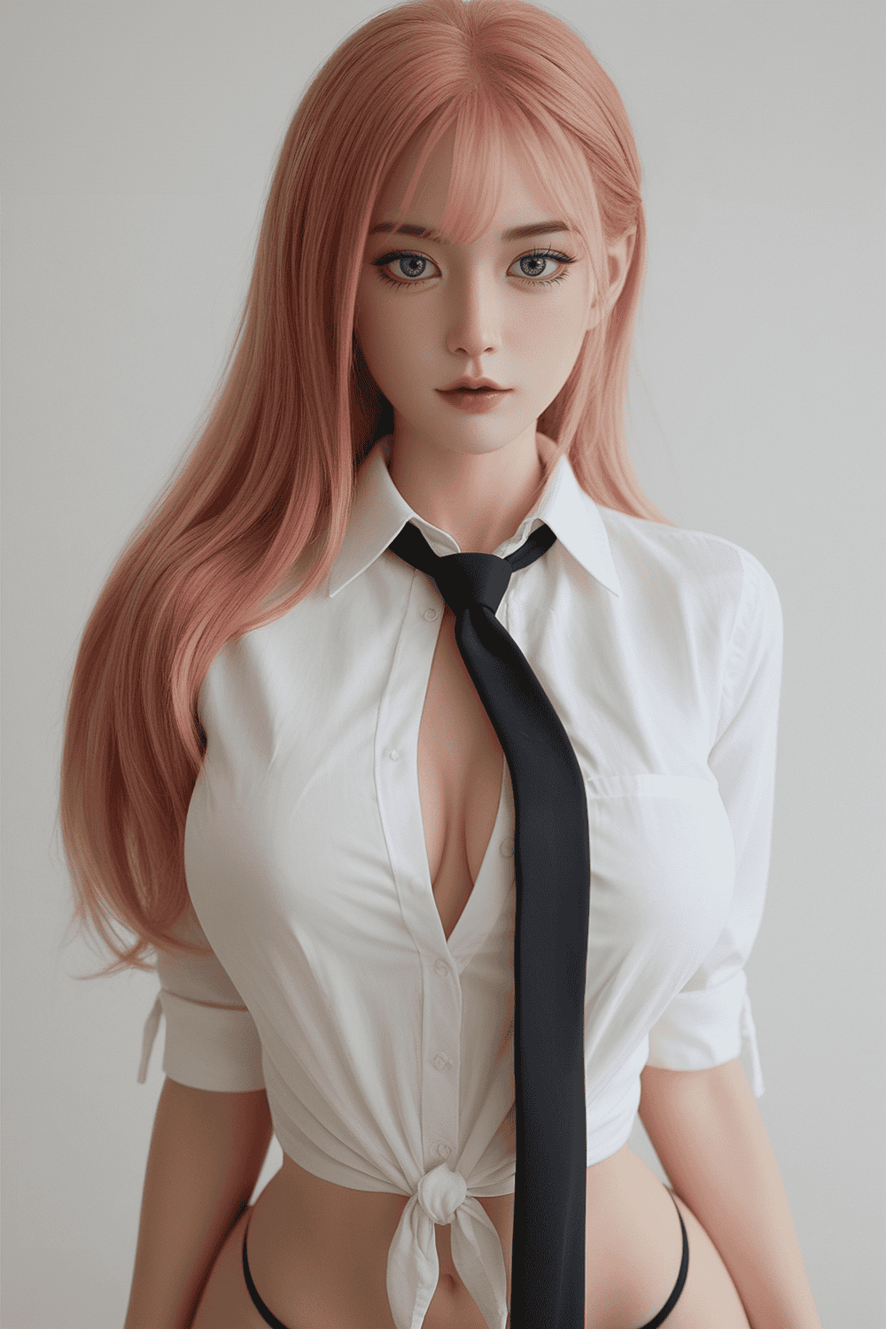 Silicone sex doll with realistic features and pink hair, dressed in a white shirt and black tie.