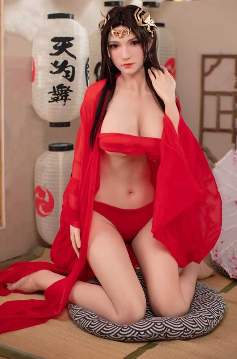 Silicone sex doll dressed in a red kimono with traditional Japanese decor in the background.