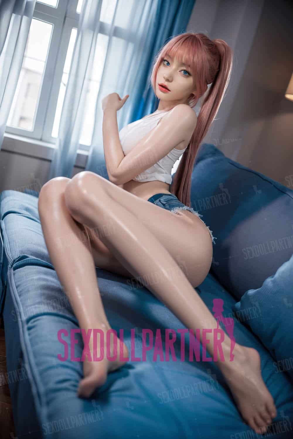 Realistic female doll sitting on sofa in a modern room, detailed craftsmanship, soft lighting, intimate setting.