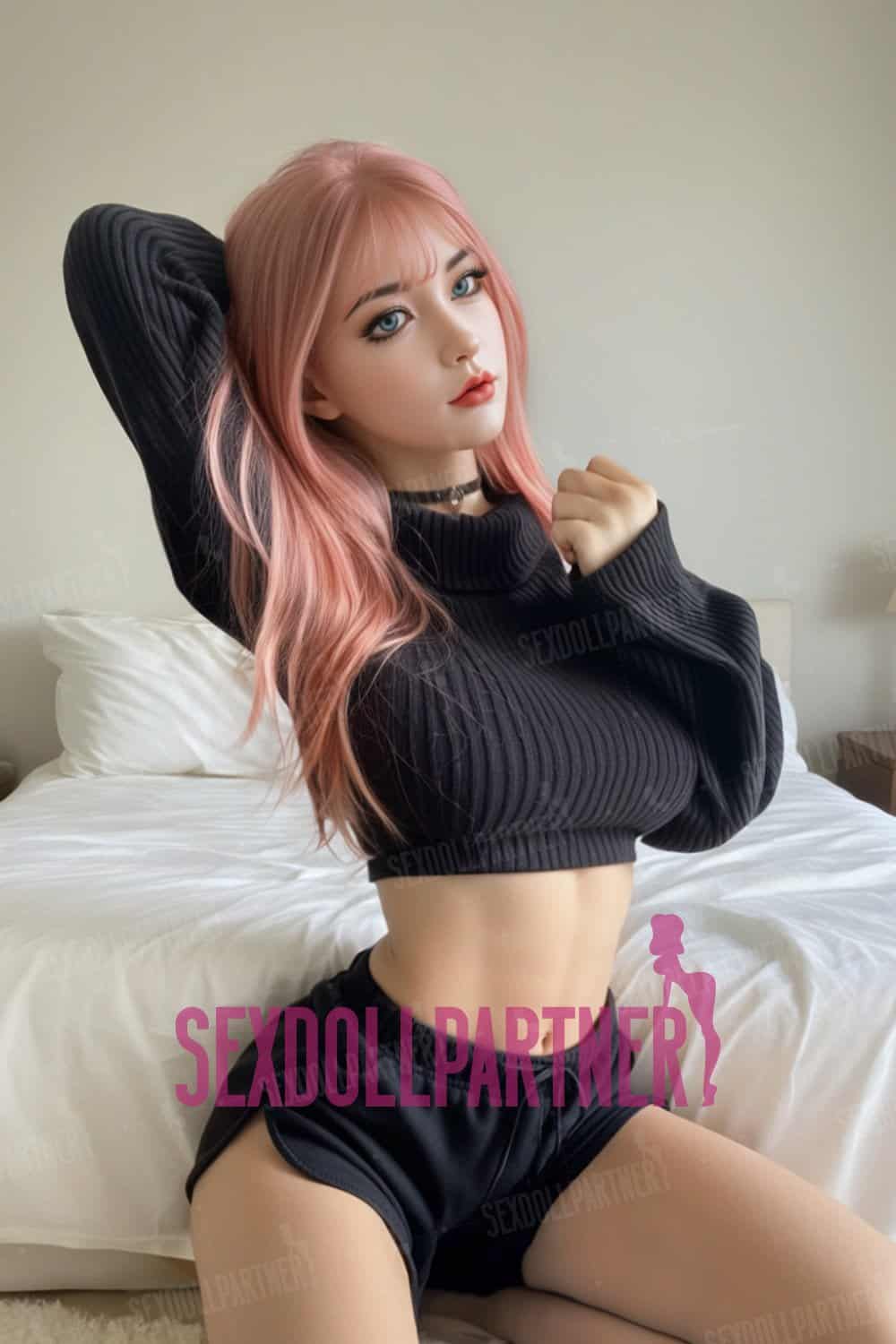 Realistic sex doll with pink hair in black sporty outfit, posing seductively on bed.