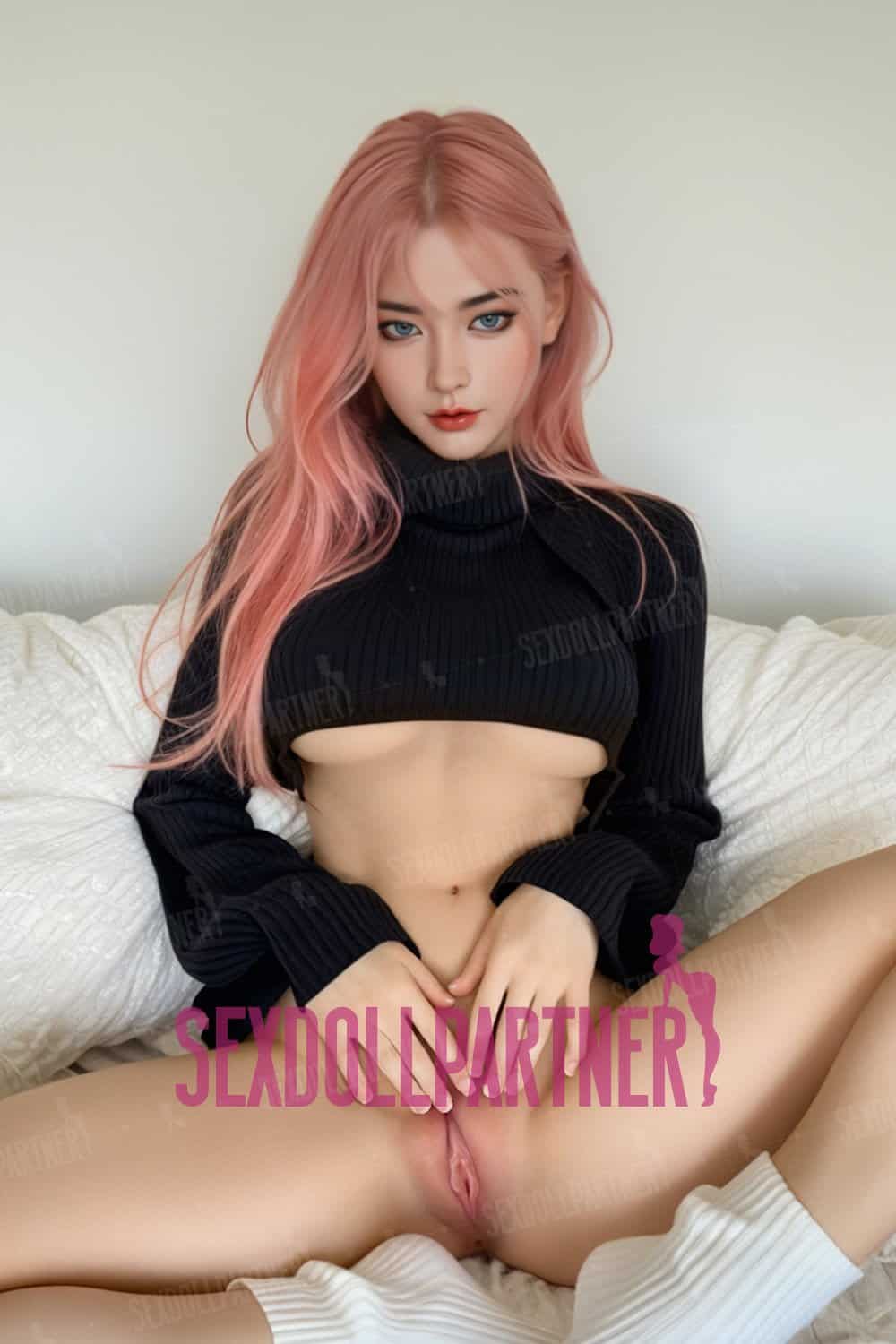 Realistic sex doll with pink hair in a provocative pose for adult pleasure and companionship.