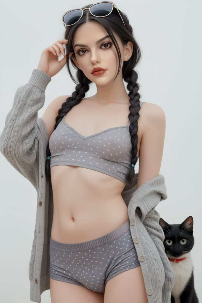 Delicate woman in polka dot lingerie with black cat, cozy cardigan, and sunglasses, facing camera.