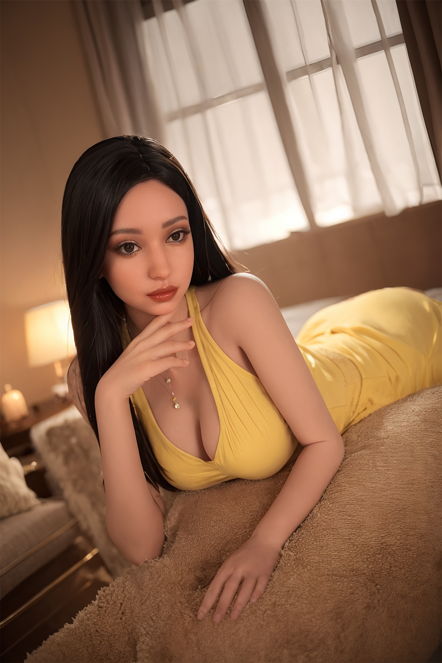 Seduction doll realistic sex doll lying on bed with yellow dress sexual companion image.