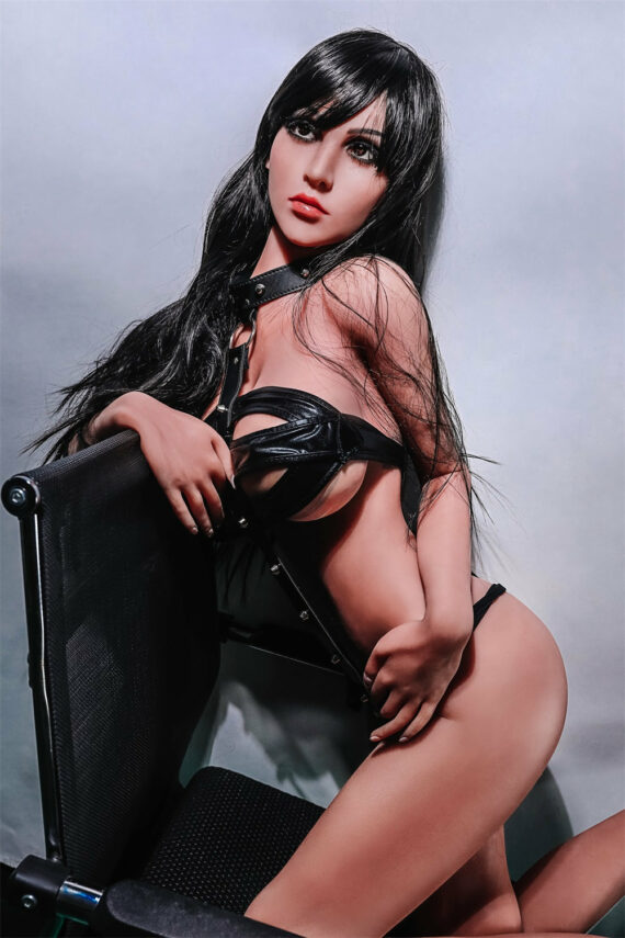 Realistic female doll with long black hair and sultry expression, adult love doll for companionship and intimacy.