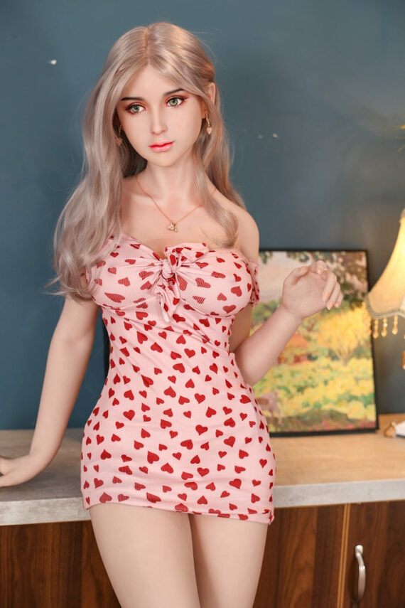 Seducedoll realistic love doll, woman in heart pattern dress, bedroom interior, sex doll, high-quality silicone mannequin.