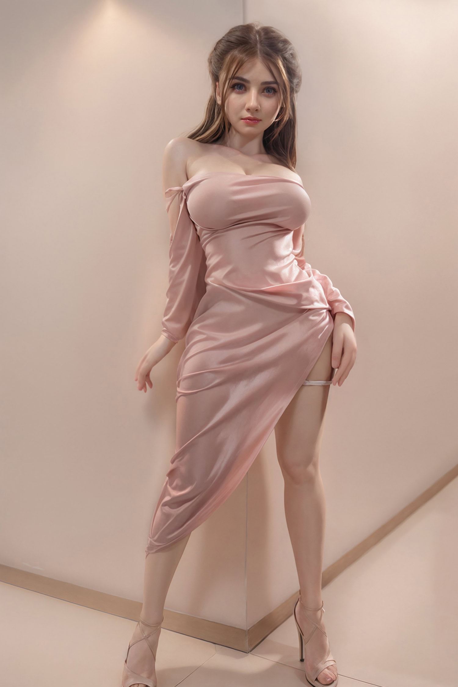 Glamorous female doll in a silky pink dress with high heels, elegant pose, and long brown hair.