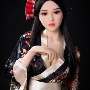 Silicone sex doll dressed in traditional Japanese kimono with hair accessories and parasol.