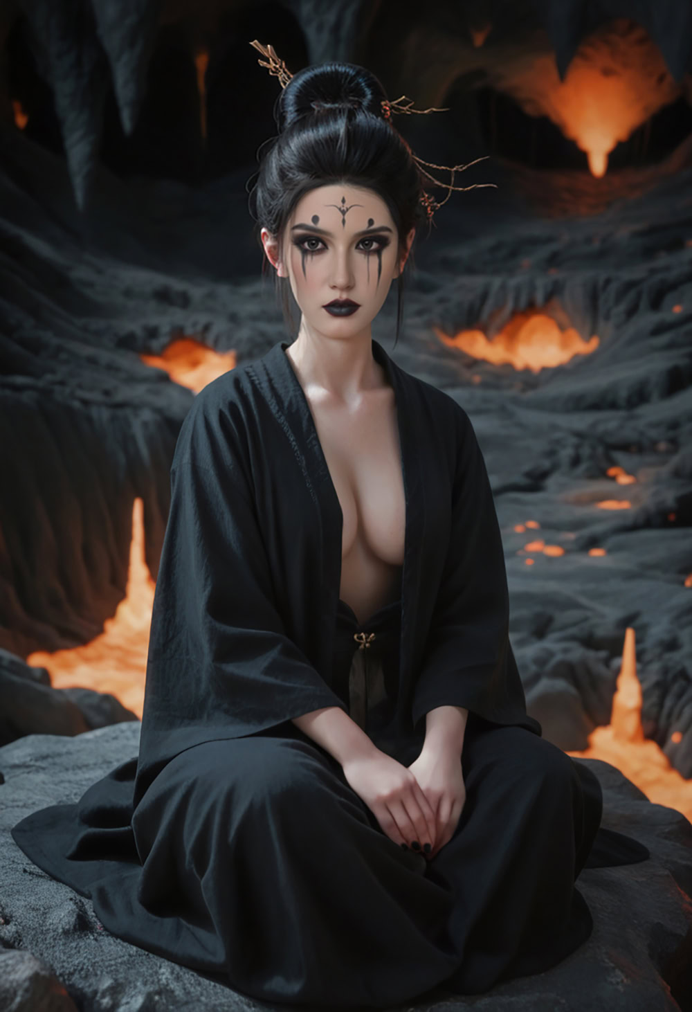 Dark fantasy woman with black makeup and traditional clothing in volcanic landscape.