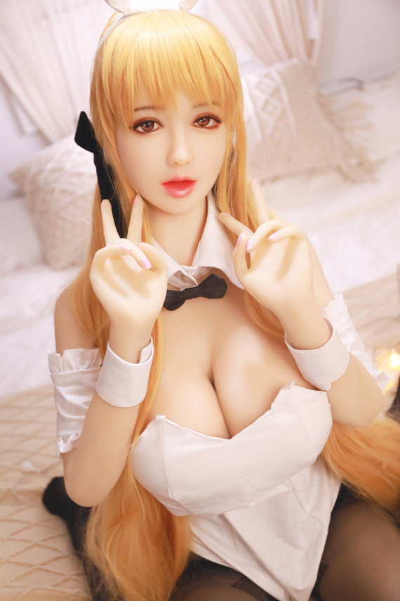 Realistic sex doll with anime-inspired features, dressed in a bunny costume.