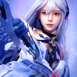 Realistic anime-style love doll with silver hair and detailed costume posing with sword.