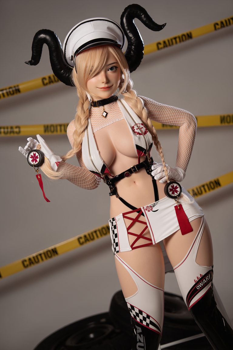 Sexy anime-style doll with racing-themed costume and horns, posing in a caution tape background.