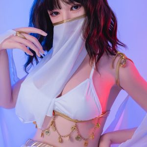 Doll wearing fashionable gold jewelry and a white outfit with a face mask, attractive cosplay, modern style artistic photo.