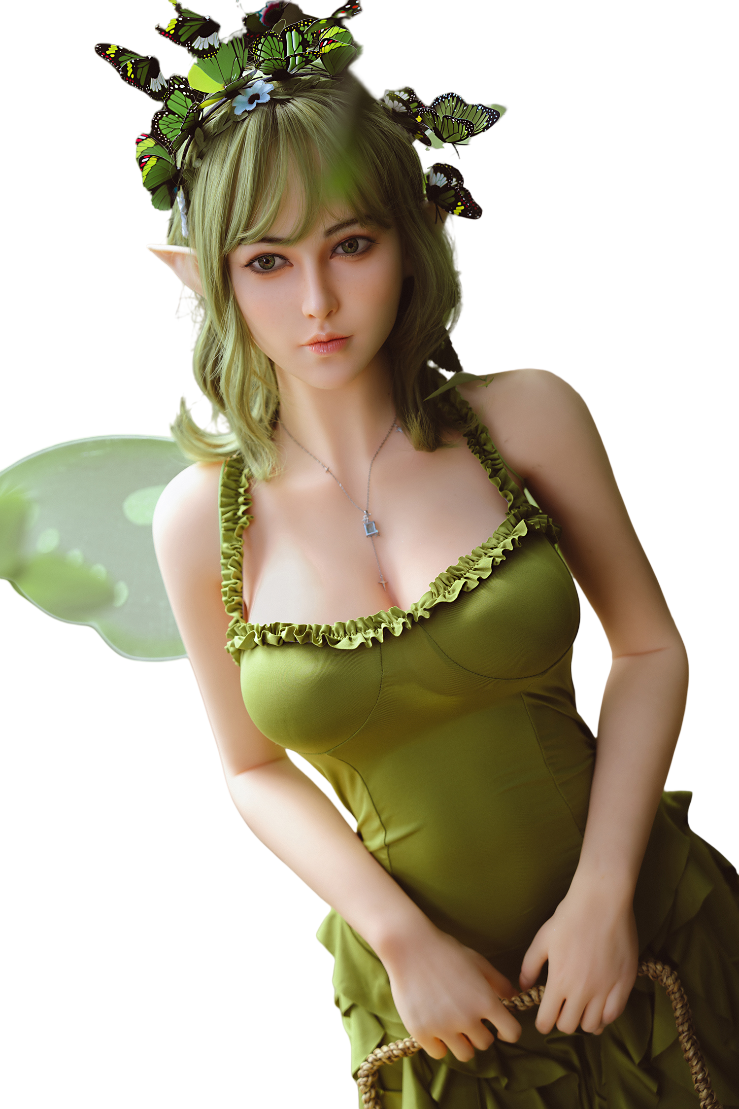Silicone fairy doll with green dress and wings, fantasy-themed sex doll for adult cosplay, seducedoll.com product image.