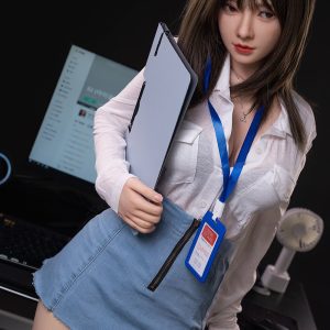 Laptop girl holding a clipboard in a tech office environment.
