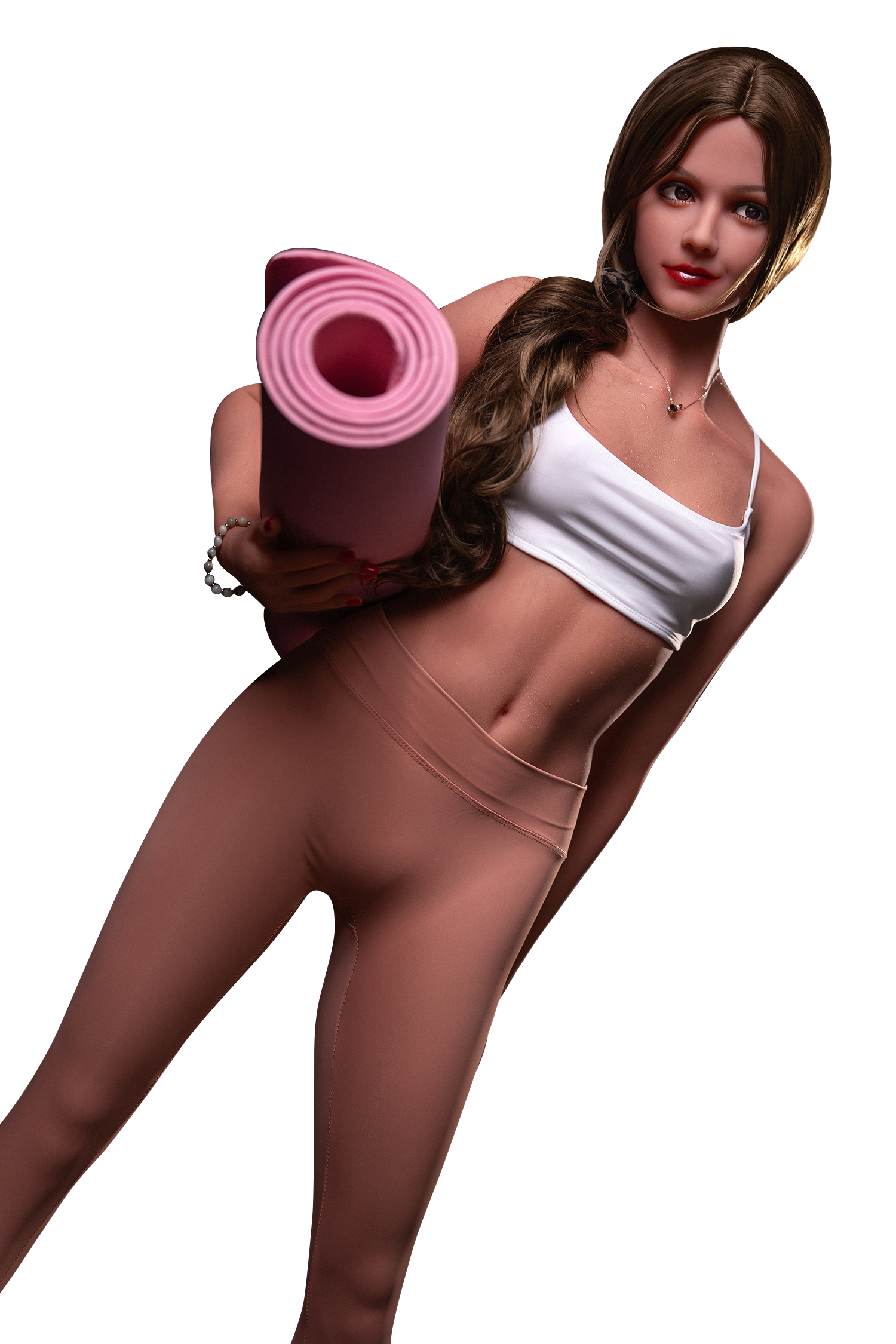 Realistic sex doll holding yoga mat, lifelike adult doll for companionship and intimacy.
