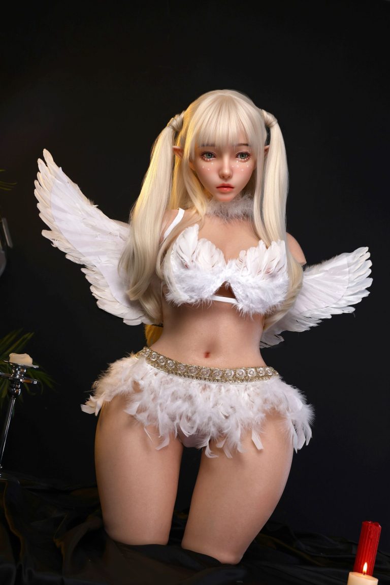 Realistic angel cosplay doll with white feathers, wings, and detailed fantasy costume.
