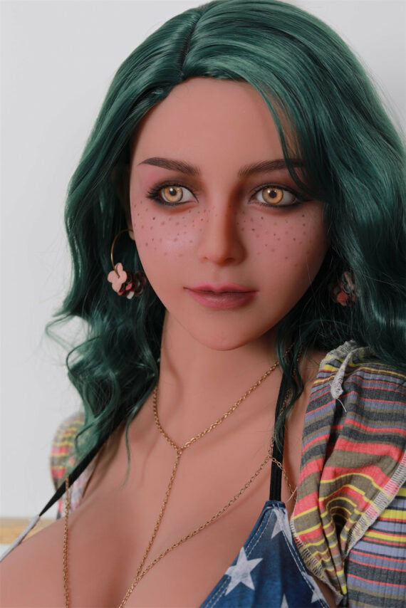 Seductive doll realistic sex doll with green hair and detailed features.