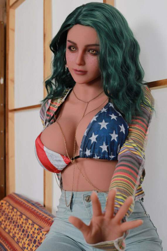 Seductive doll with vibrant green hair, patriotic star-spangled bikini top, and expressive pose, emphasizing realism and quality.