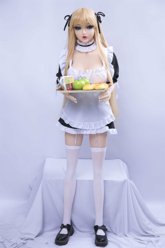 Realistic doll dressed as a maid holding a tray of snacks and fruits, cosplay style, for adult novelty.