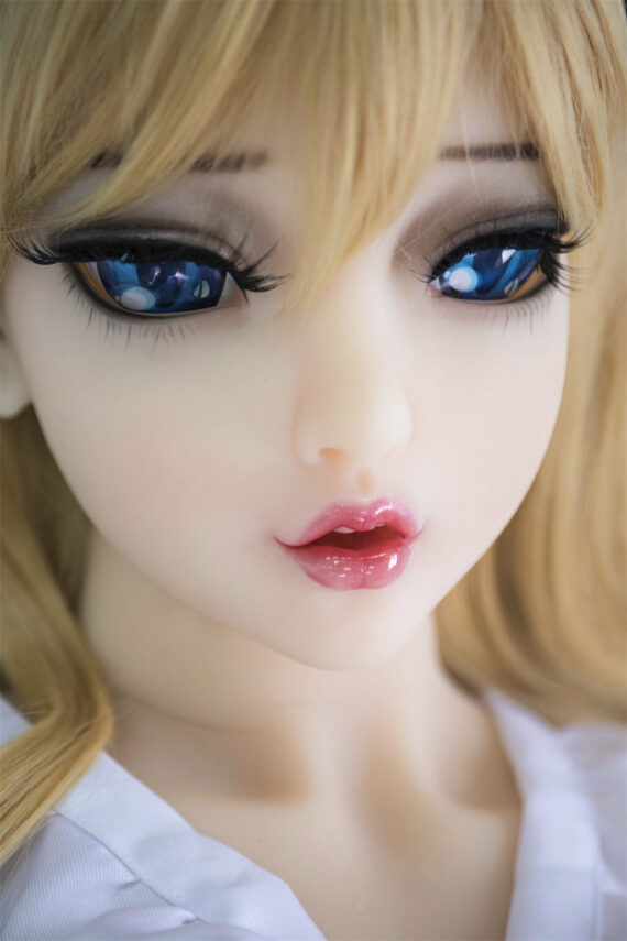 Veneer silicone doll face with realistic makeup, blue eyes, and blonde hair for lifelike experience.