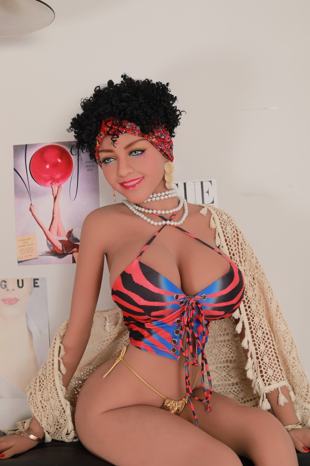 Luxurious sex doll with realistic features and fashionable attire for adult pleasure.