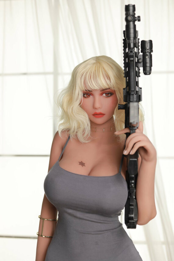 Blonde female sex doll holding sniper rifle, provocative military-themed product, realistic adult doll with striking features.