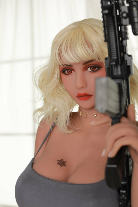 Silicone doll holding a gun, realistic adult sex doll with blonde hair, seducedoll, high-quality love doll for adult companionship.