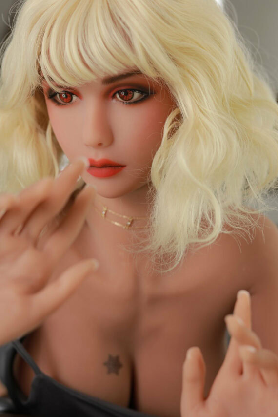 Lifelike female doll with blonde hair, realistic facial features, and sensual pose for adult companionship.