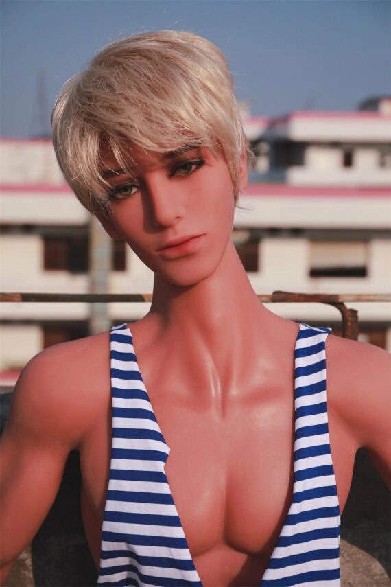 Realistic female doll image, short blonde hair, blue striped top, outdoor urban background, high detail.