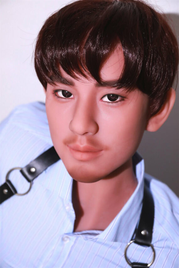 Realistic male doll with short brown hair and blue striped shirt for lifelike companionship.