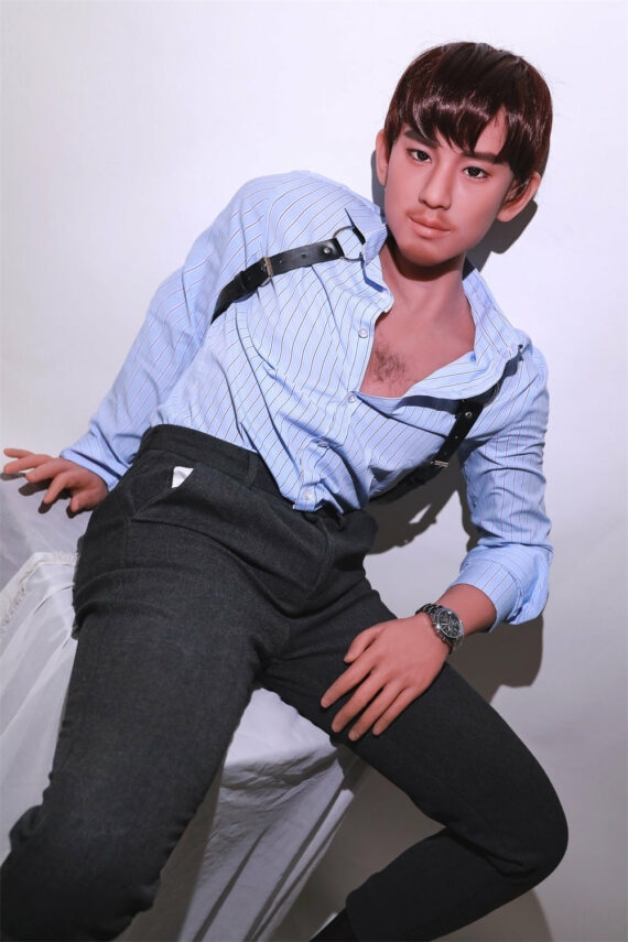 Realistic male sex doll with youthful features for adult pleasure and companionship.