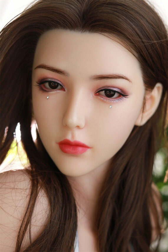 Highly realistic sex doll portrait with detailed facial features and lifelike skin in a seductive pose.