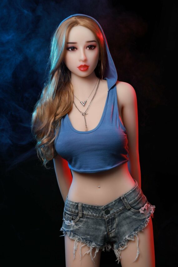 High-quality sex doll model with realistic features, casual streetwear, and attractive appearance.