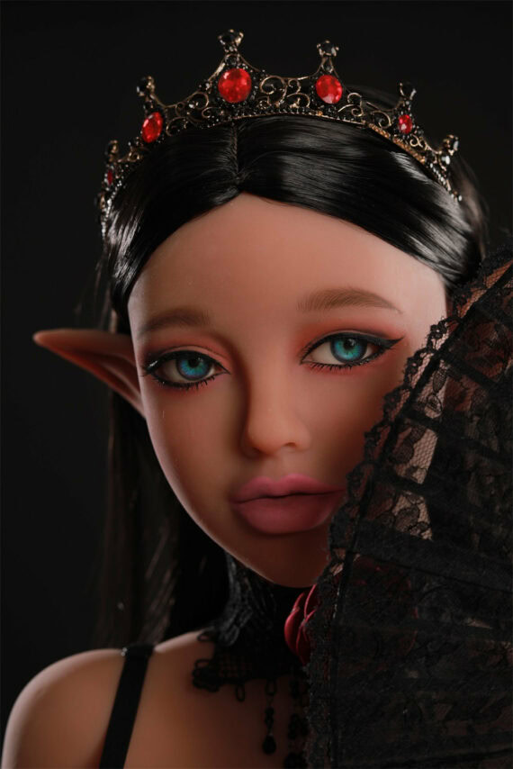 Elegant doll with pointed elf ears and tiara, black hair, vibrant blue eyes, wearing black lace mask, gothic fantasy style for seducedoll.com.