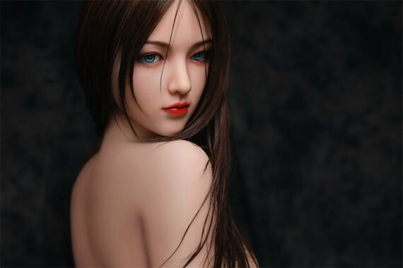 Realistic sex doll with detailed facial features and long brown hair for adult companionship.