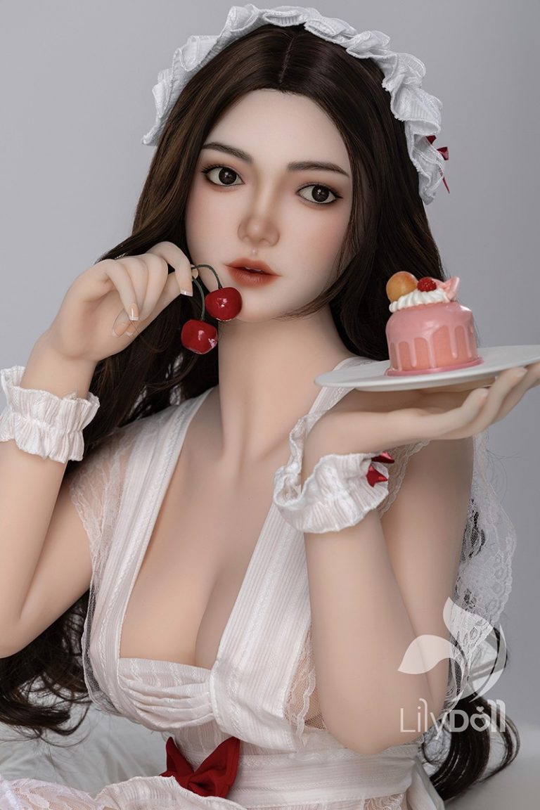 Cherry-themed doll with a pink cake and white lace outfit for realistic, erotic doll experiences.