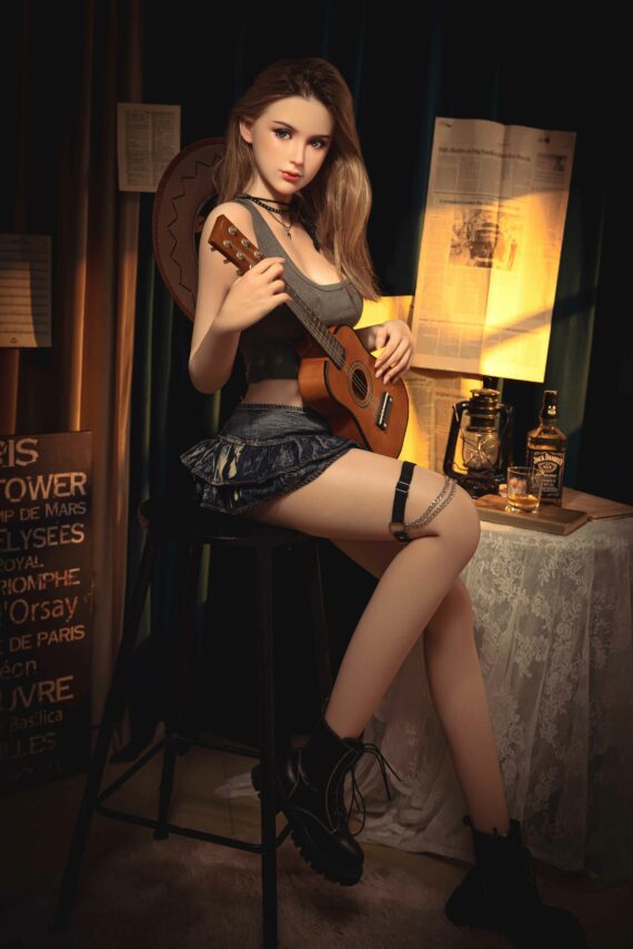 Seducedoll girl with guitar in cozy vintage room, attractive brunette model, cosplay style, sensual pose, perfect for adult entertainment SEO.
