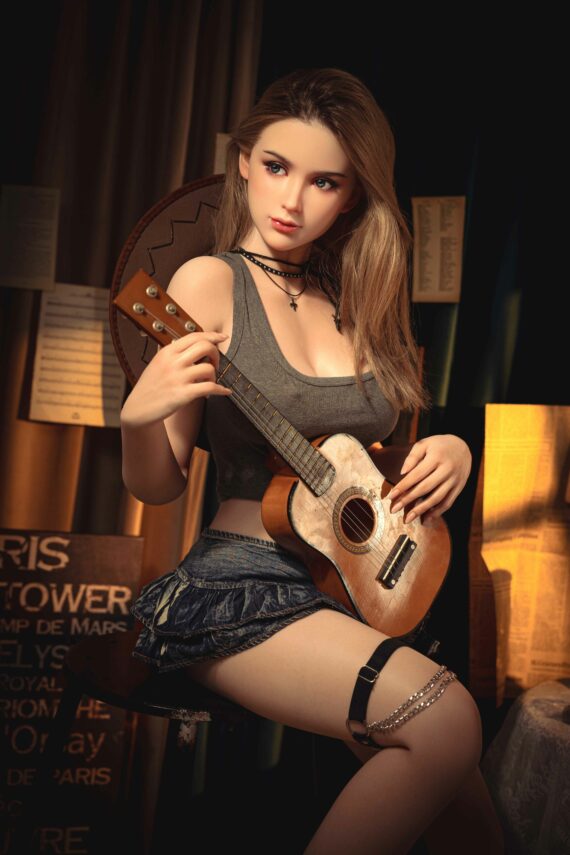 Beautiful female doll with long hair playing guitar in a cozy, stylish room for realism and photography.
