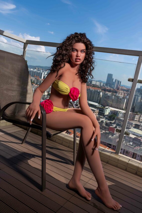 Realistic female love doll on balcony with city view, lifelike silicone Sex Doll for companionship and intimacy.