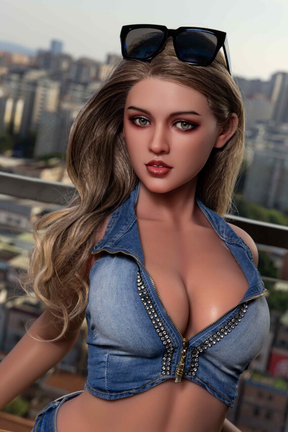 Seductive doll standing on balcony with city skyline background, fashionable sunglasses and denim top.