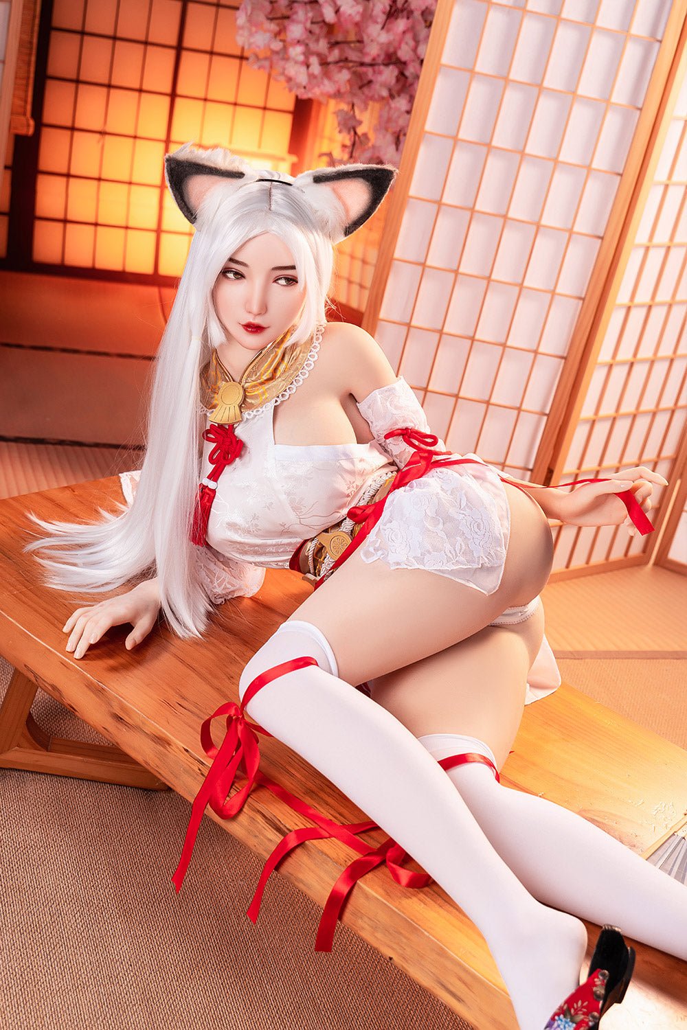 Seductive anime-inspired doll with fox ears in a traditional Japanese room, highlighting detailed cosplay and lifelike features.