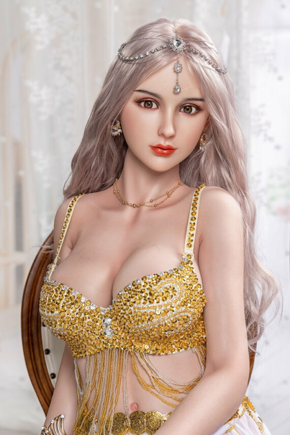Luxurious female doll in gold jewelry and ornate dress for adult cosplay, seduction, and fantasy themes.