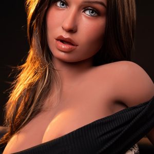 Silicone female sex doll with realistic features and striking blue eyes.