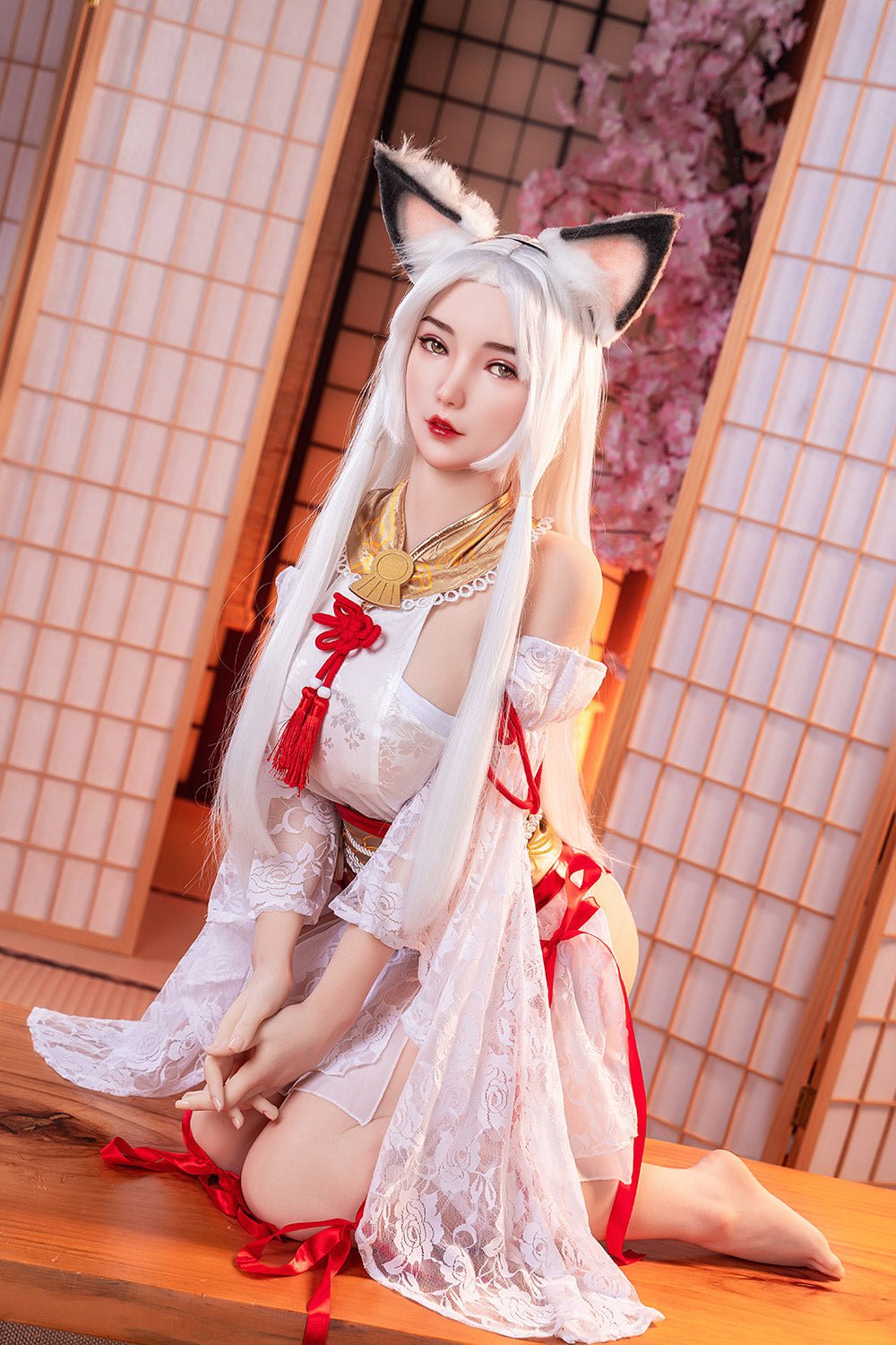 Seductive anime girl cosplay with fox ears in traditional Japanese kimono, indoor setting with shoji screens and cherry blossom decor.