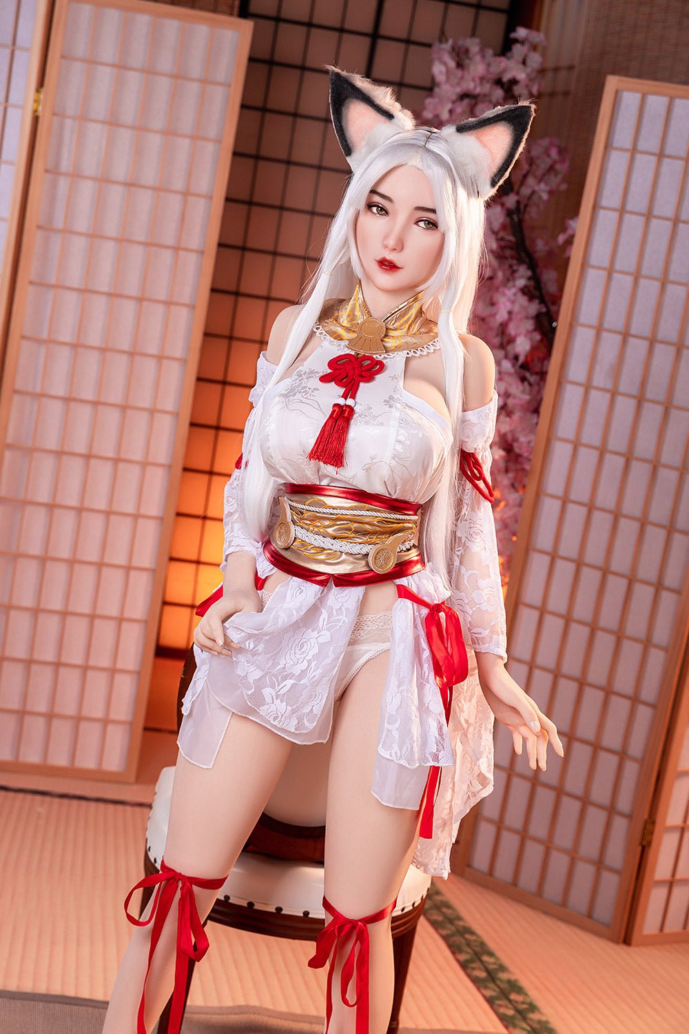 Elegant Asian-inspired cosplay with fox character costume, silk kimono, and traditional accessories.