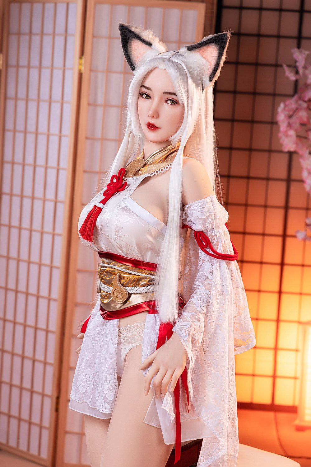 Silicone sex doll dressed in Japanese-inspired kimonono for adult entertainment, featuring fox ears and intricate traditional costume.
