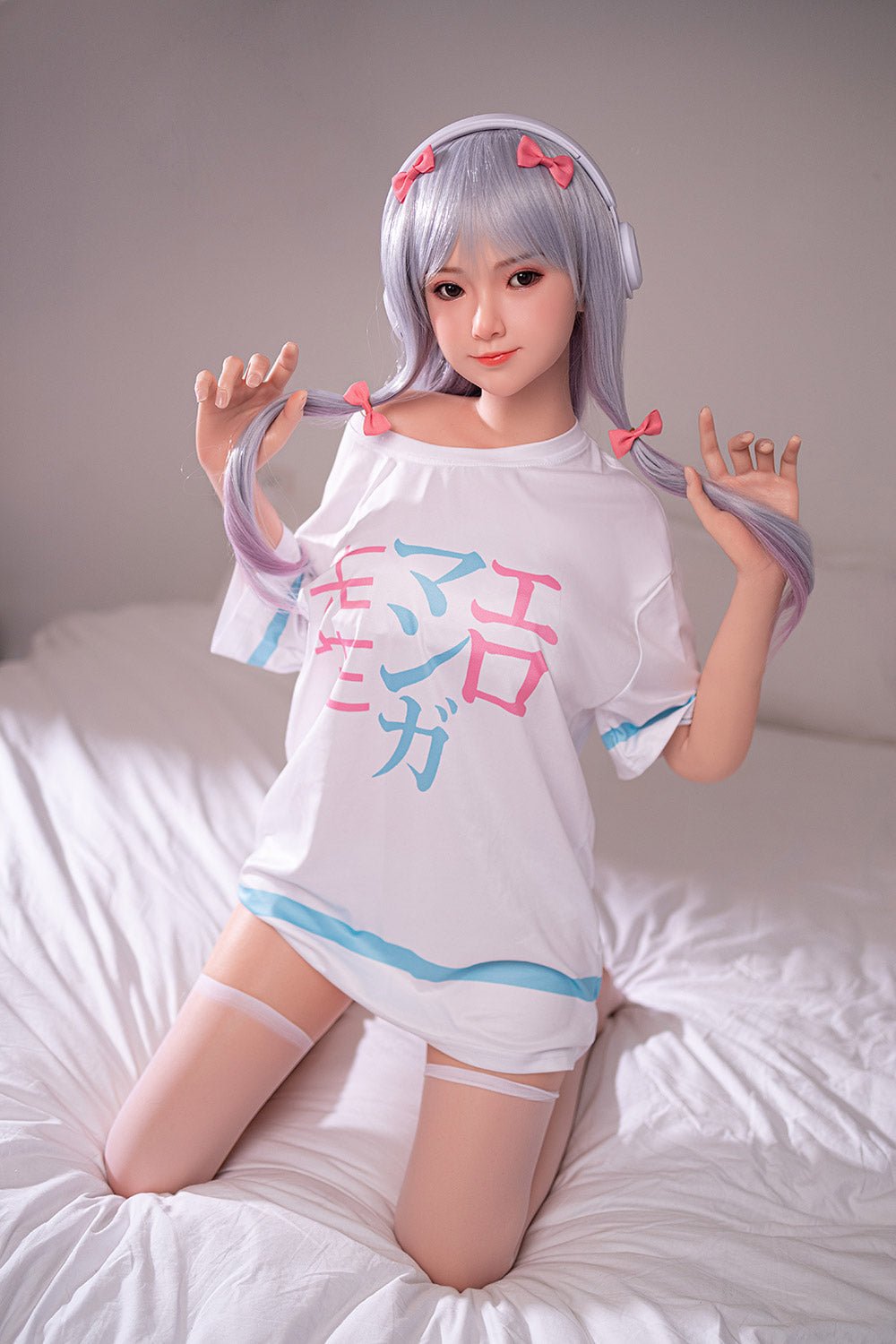 Teen girl cosplay in anime style, purple wig, cute outfits, bedroom setting, kawaii doll, seductive doll, realistic high-quality sex doll.