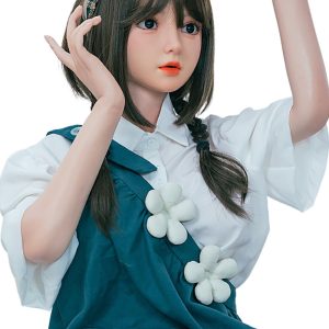 Doll with brown hair and school uniform, cute realistic sex doll with detailed facial features and apparel.